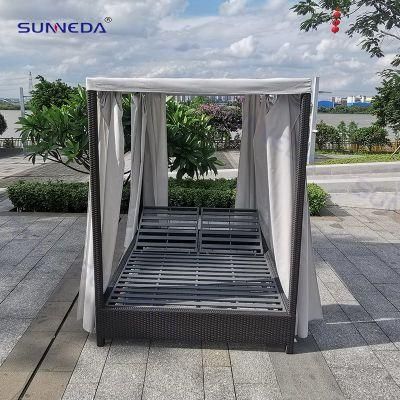 Double Leisure Bed Woven Rattan Aluminum Frame with Tent and Curtain Outdoor Daybed