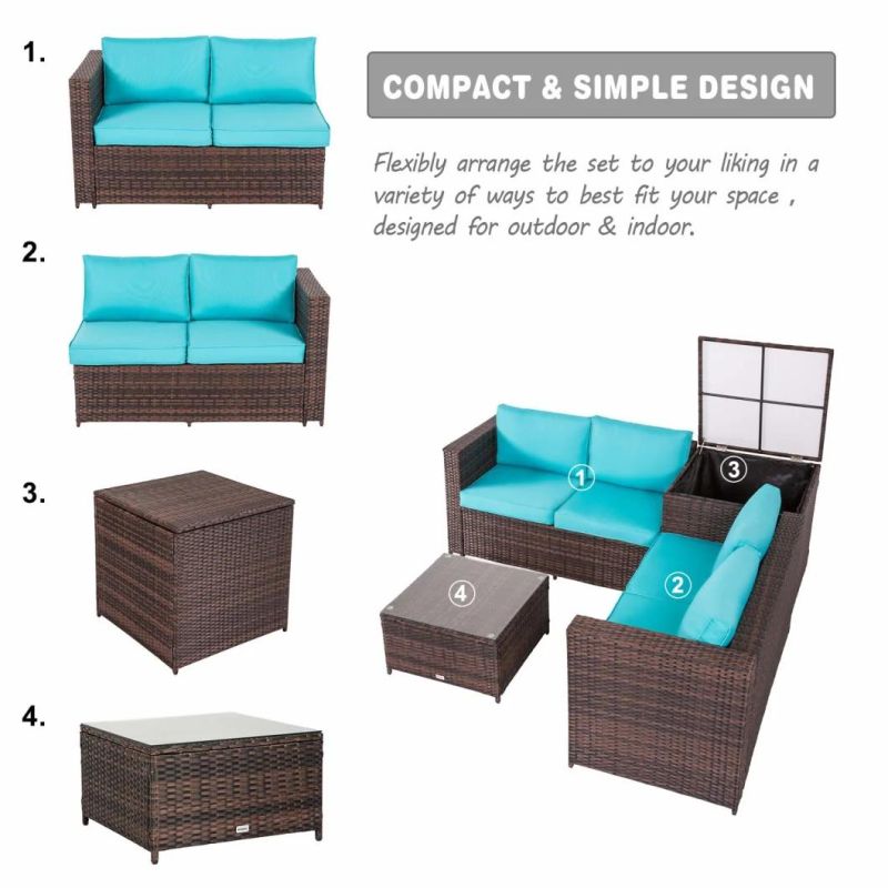 4 PCS Outdoor Dark Brown All-Weather Rattan Wicker Patio Loveseat Sofas Blue Cushion Seat Set Lawn Furniture with Storage Table