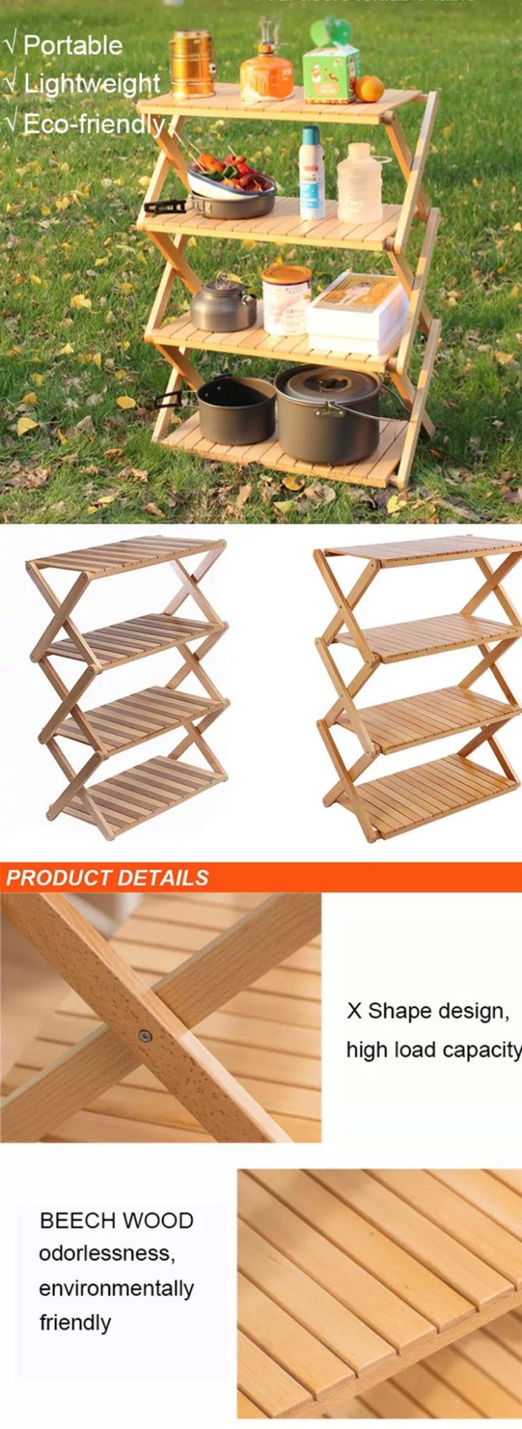 Lightweight 4 Layers Multipurpose Storage Wooden Rack Outdoor Foldable Camping Table for Picnic Barbecue