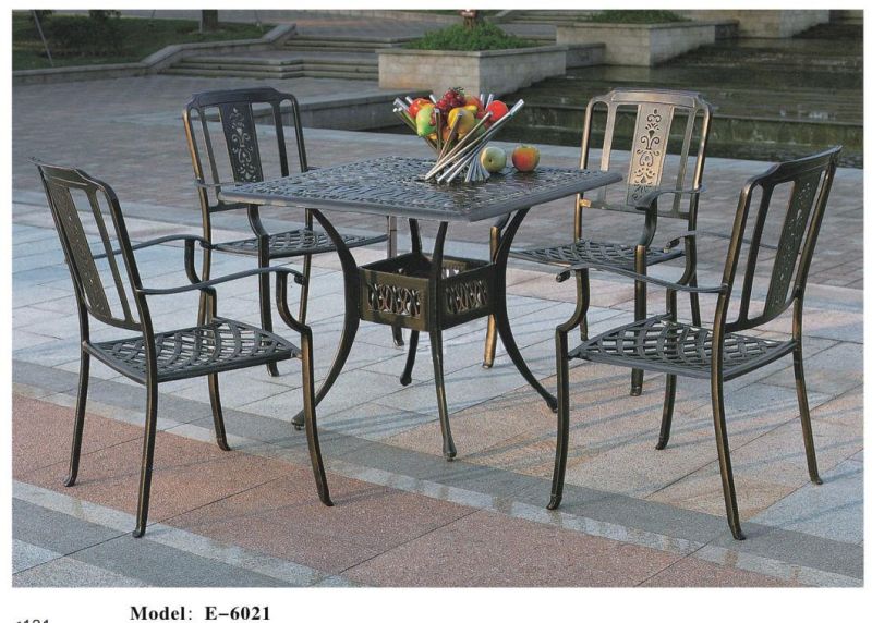 5 Pieces Garden Cast Furniture, Patio Dining Table and Chair Sets in Dark Brown Color