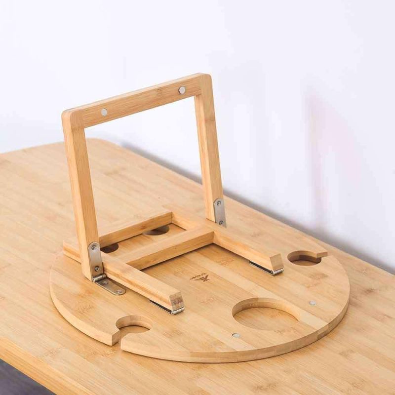 Round Wine Picnic Table with Bottle & Glass Holder Portable Bamboo Picnic Table Small Outdoor Folding Table Wooden Small Wine Table