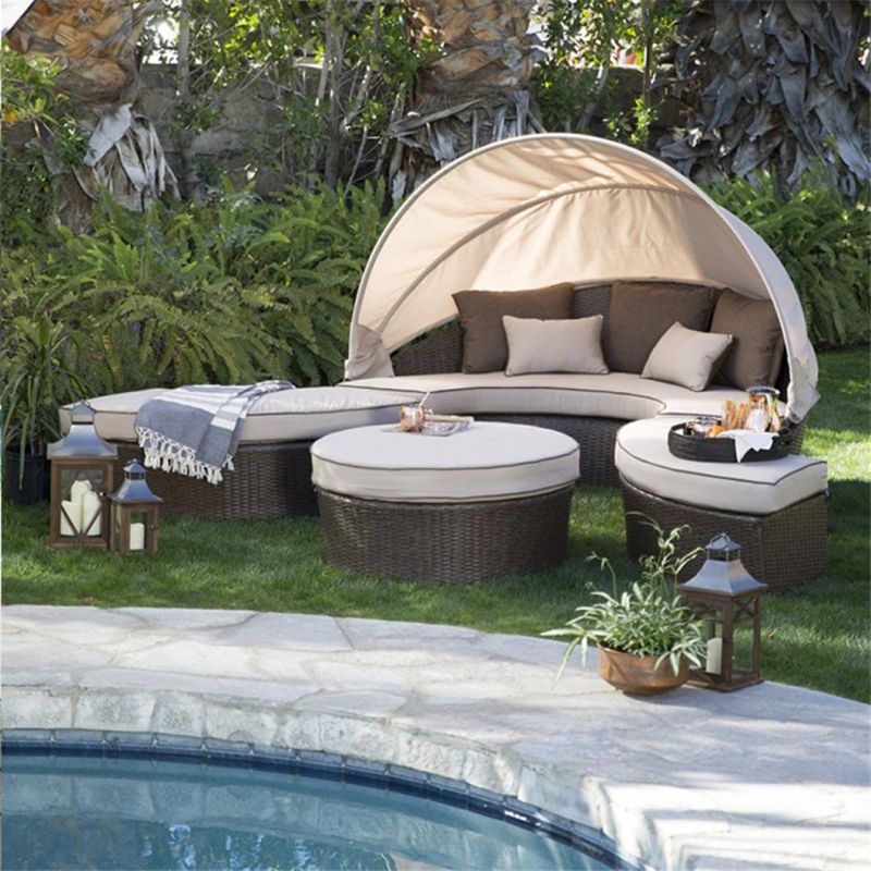 Outdoor Sofa Patio Garden Swimming Pool Rattan Daybed Lounge Sunbed with Canopy
