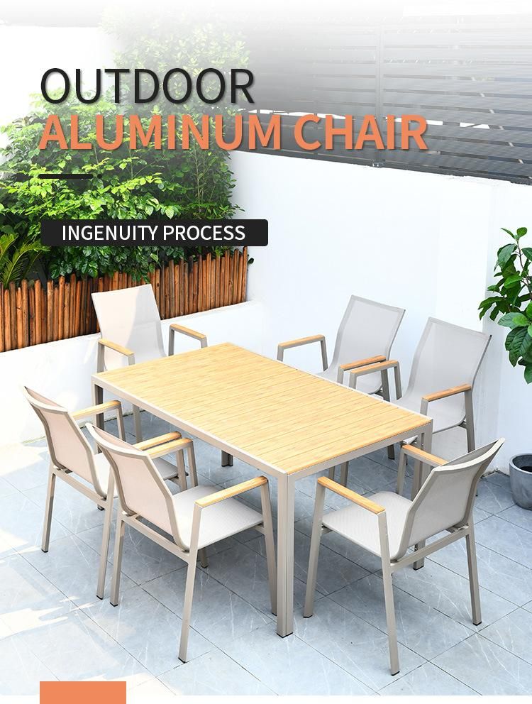 Modern Outdoor Patio Stack Sling Dining Chair with Plastic Wood Armrest