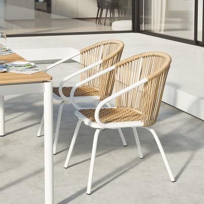 High Quality Modern Patio Rope Woven Aluminum Chair Garden Restaurant Outdoor Indoor Stackable Rattan Wicker Furniture Armchair