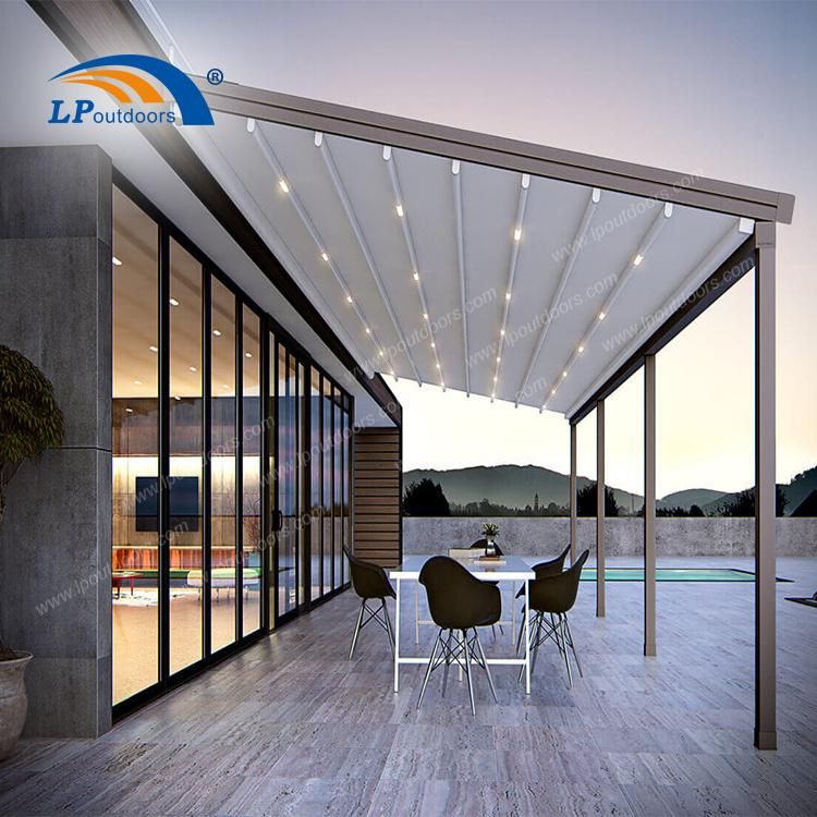 White Wall Mounted Awning Powder Coated Retractable Roof System Gazebo Attached to House