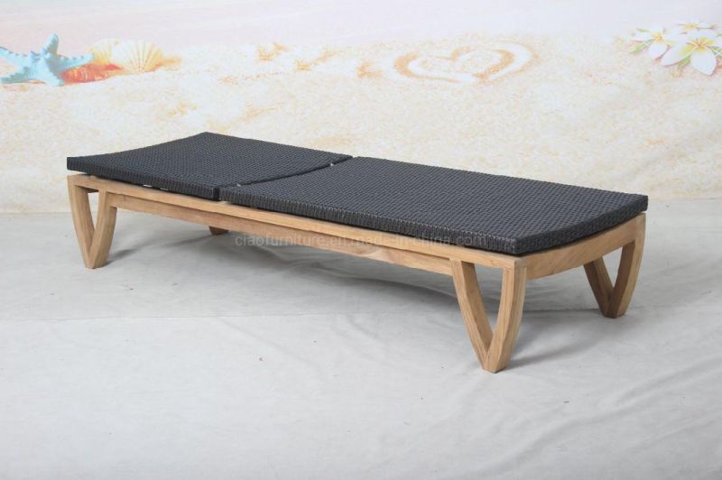 Poolside Seaside Leisure Teakwood Frame Rattan Sun Lounger Outdoor Furniture
