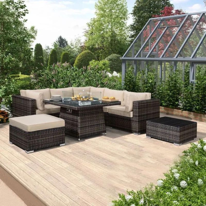 New Lay Down Patio Rattan Sofa Corner Sofa Fire Pit Inside Table