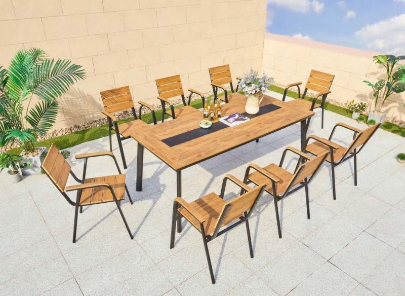 Outdoor Dining Furniture Plastic Wood Arm Chairs and Table Sets Garden and Patio Furniture Set