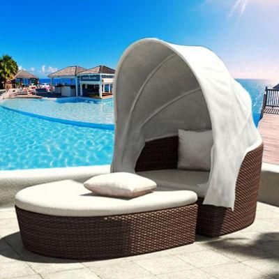 Rattan Woven Outdoor Bed with Canopy Leisure Courtyard Sun Bed Outdoor Garden Lounge Chair Balcony Swimming Pool Beach Bed Furniture