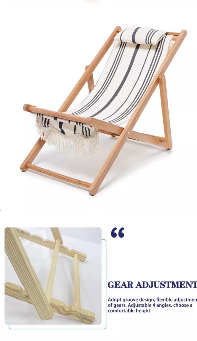 Adjustable Height Foldable Wooden Beach Chair with Pillow Red Stripe Pattern Moon Chair