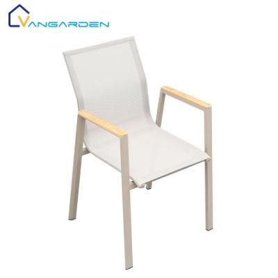 Modern Outdoor Patio Stack Sling Dining Chair with Plastic Wood Armrest