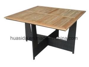 Square Outdoor Rattan Dining Table with Teak Top
