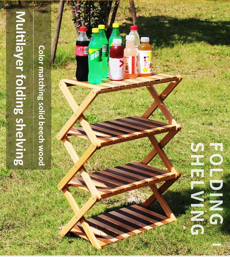 New Arrival Wholesale Outdoor Camping Equipment Multifunction Wooden Storage Rack Commodity Shelf