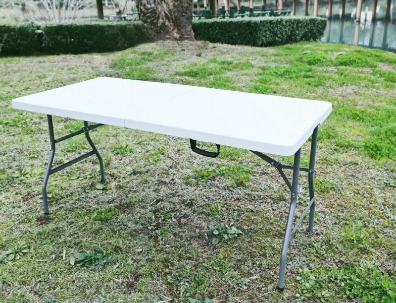 70 Inches off White with Grey Steel Lets in Barbecue 5FT Folding in Half Table in HDPE with Steel Frame Dining restaurant Easy Storage Foldable Table
