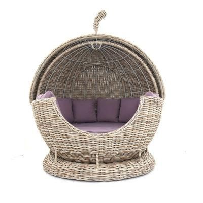 Round Sunbed Rattan Garden Canopy Daybed with Waterproof Seat Cushion for Outdoor Use