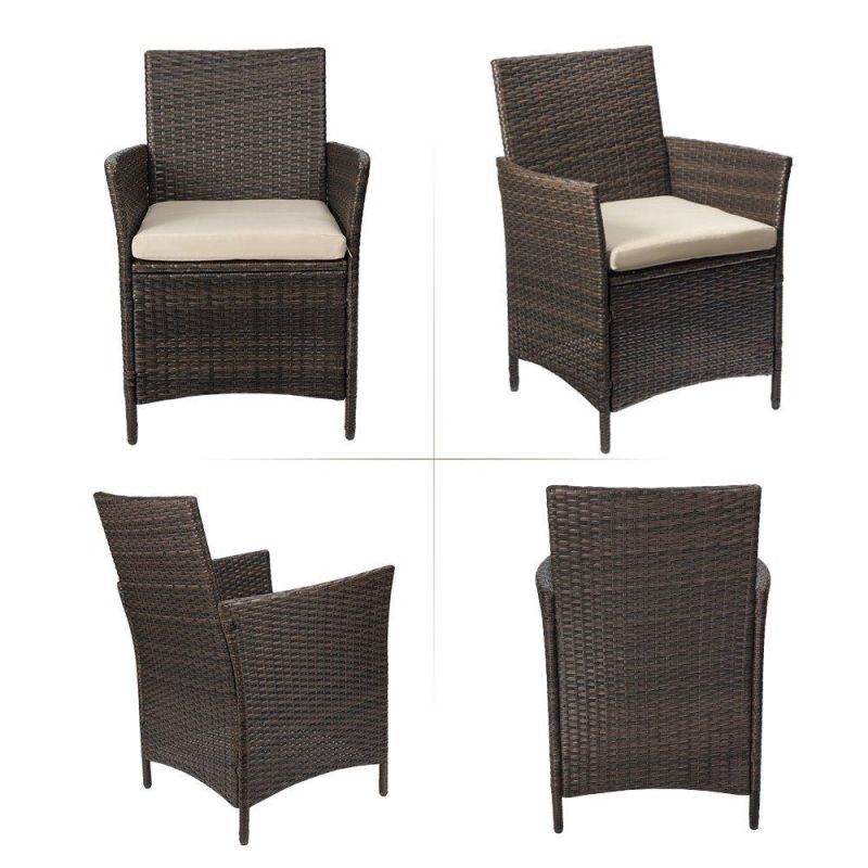 Patio Porch Furniture Sets 3 Pieces PE Rattan Wicker Chairs Beige Cushion with Table Outdoor Garden Furniture Sets (Brown)