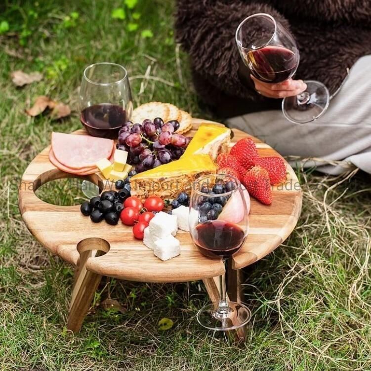 Wooden Foldable Garden Table with Wine Glass Bottle Stand