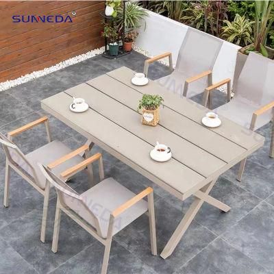 Outdoor Table Set with Textilen Mesh Armrest Bamboo Chair