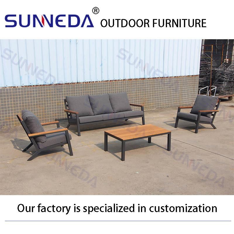 Metal Teak Wood Sofa Coffee Table Set with Cushion Outdoor Furniture