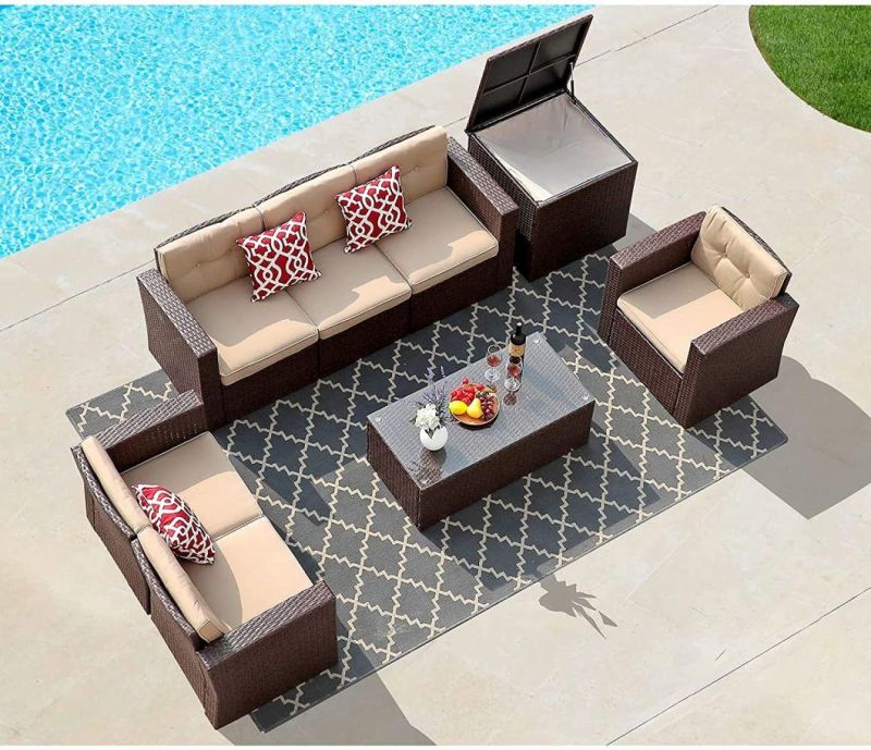 Modern 8 Pieces Extra Large Luxury Outdoor Patio Furniture Set with Side Storage Tables, with Glass Table and Cushions for Garden, Porch, Backyard Wicker Rattan