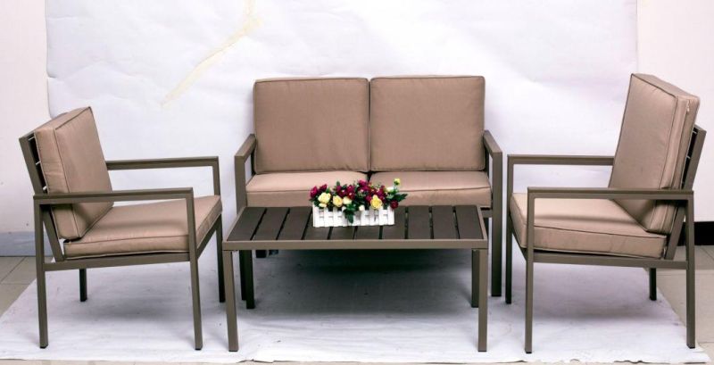 Plastic Patio Wood Grain Coffee Sets in 4 Seater in 1 Converstation Sets in Wooden Furniture Garden Outdoor Camping Patio Hotel Used for Camping Leisure Sofa