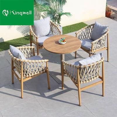 Outdoor Garden Teak Wood Dining Rope Chair Set with Stocks