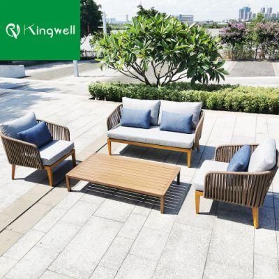 Outside Nice Teak Wood Garden Furniture Rope Weaving Sofa Set with Coffee Table Used on Outdoor Patio