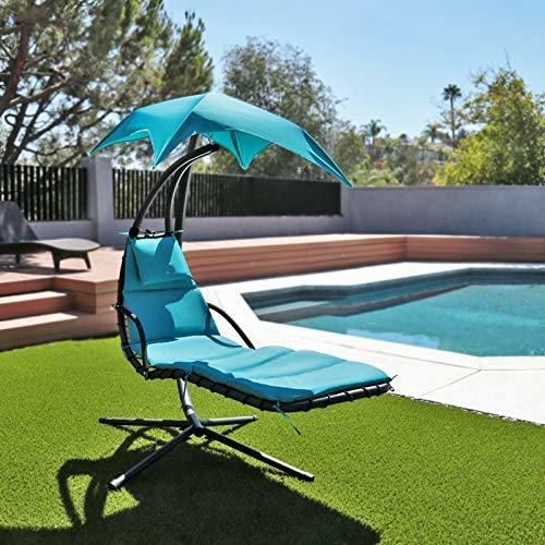 Giantex Hanging Chaise Lounger Chair Arc Stand Porch Swing Hammock Chair W/ Canopy Khaki Outdoor Furniture