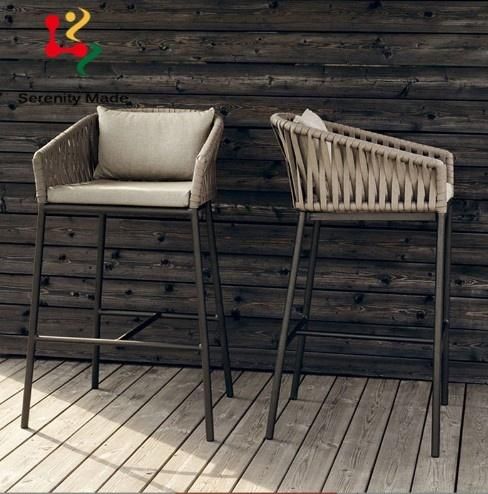 Customize Furniture Restaurant Aluminium Frame Woven Rope Fabric Upholstery High Counter Chair Bar Stool