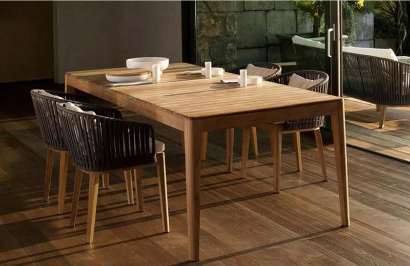Hotel Outdoor Furniture 6 Seater Extra Large Patio Teak Table Chair Villa Wooden Dining Furniture Garden Rattan Leisure Chair Set