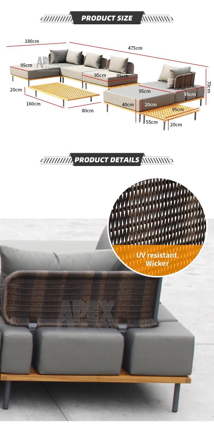 Outdoor Home Garden Luxury Furniture Aluminium Wooden Teak Sectional Lounger Waterproof Sofa with Coffee Table