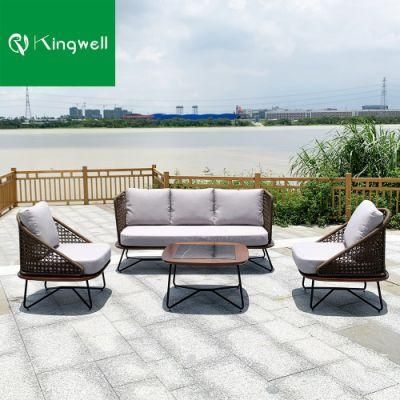 Modern Leisure Outdoor Rope Patio Furniture Teak Wood Sofa Set with Ottoman Used on Garden