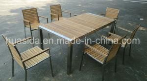 Teak Wood Table Top Stainless Steel Outdoor Dining Table Set