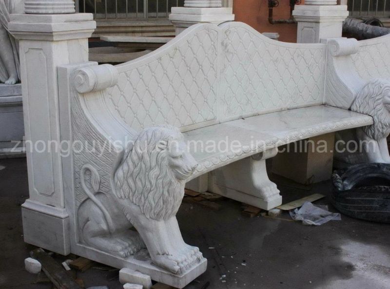 Lion Sculpture Stone Carving Natural Marble Garden Bench