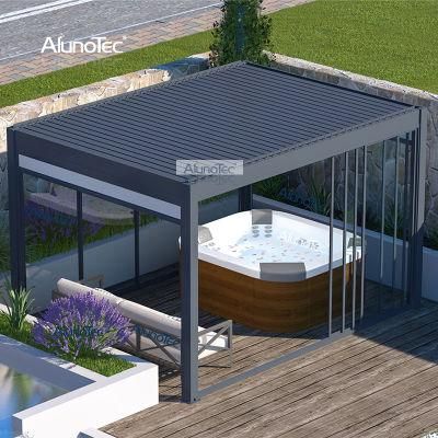 AlunoTec Outdoor Opening Roof Systems Designs Motorized Grey 3x4 Meter Pergola Covers with Glass Door