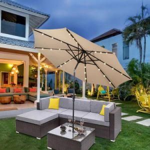 10 FT Beige Solar Powered LED Centre Pole Umbrellas for Restaurant Sun Patio Garden Parasols