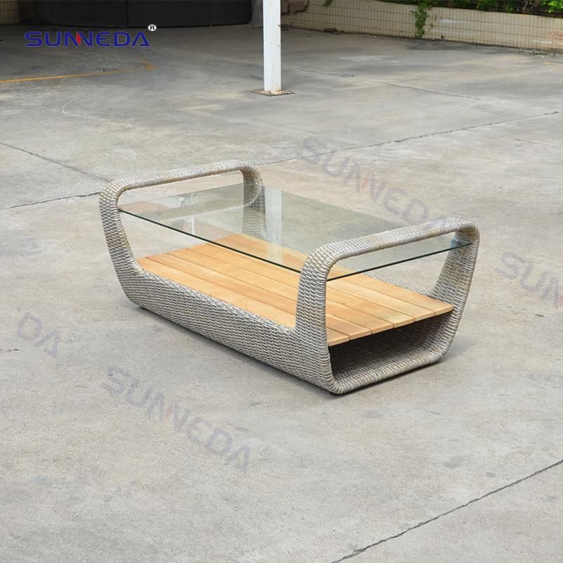 Outdoor Furniture Rattan Garden Furniture Chair Teak Wood Armrest Aluminum Couch Glass Coffee Table Patio Courtyard Lounge Leisure Garden Sofa Sets
