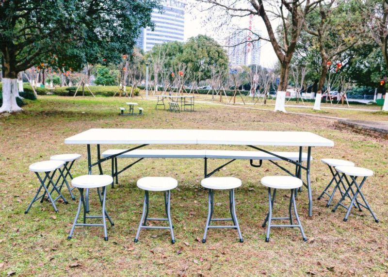White Table Top Grey Coating 8FT Outdoor Camping Easy Storage and Barbecue Folding Table in HDPE Steel Frame Domastic Use for Dining Garden Foldable Table En581
