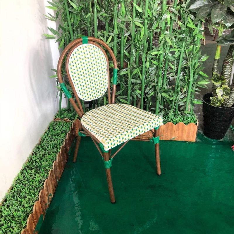 New Outdoor Furniture French Style Stackable Aluminum Dining Chair PE Rattan Woven Bistro Chair