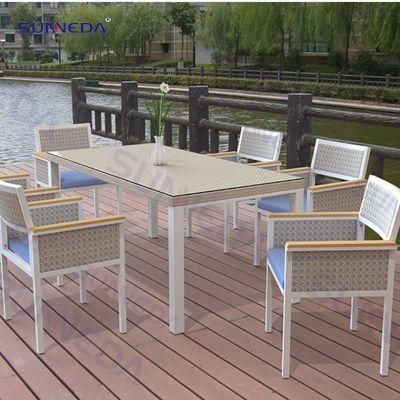 Outdoor Garden White and Grey Dining Set Aluminum Rectangular Dining Table Set with 6 PE Rattan Arm Chairs