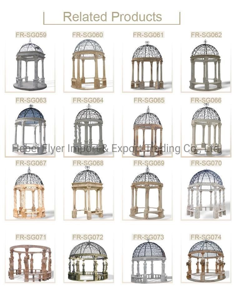 Natural Marble Stone Column Gazebo with Lady Sculptures with Iron Dome for Garden Decoration
