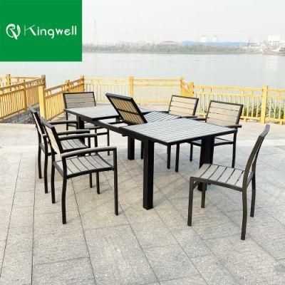 Extendable Plastic Wood Slats Table with 6 Pieces Dining Chairs
