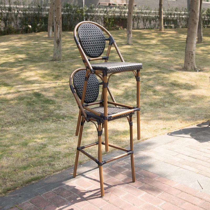 Rounded-Back Synthetic Wicker & Bamboo Bar Chair Commercial Outdoor Bar Stool