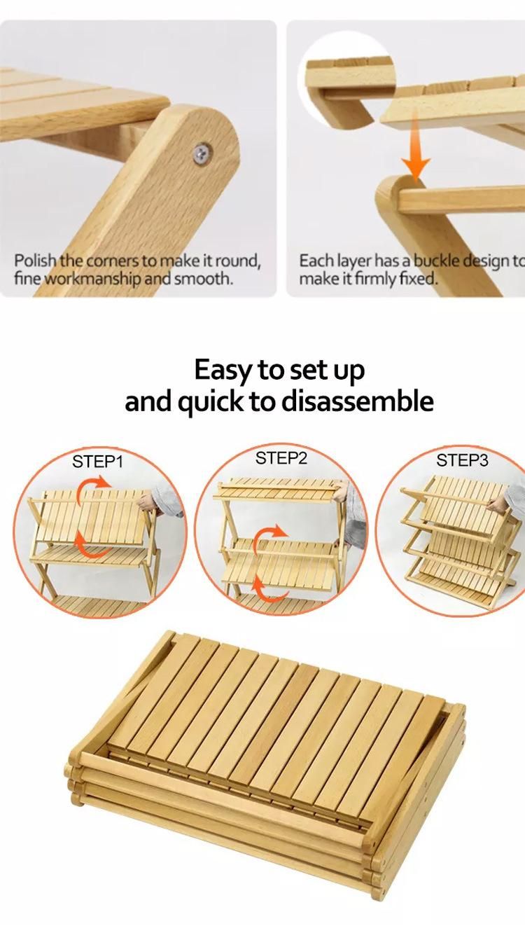 Lightweight 4 Layers Multipurpose Storage Wooden Rack Outdoor Foldable Camping Table for Picnic Barbecue