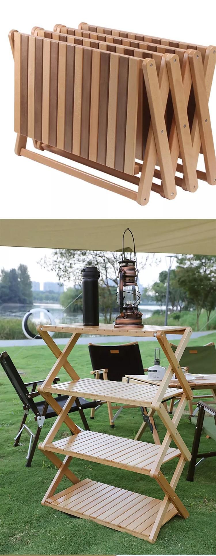 Lightweight 4 Layers Multipurpose Storage Wooden Rack Outdoor Foldable Camping Table for Picnic Barbecue