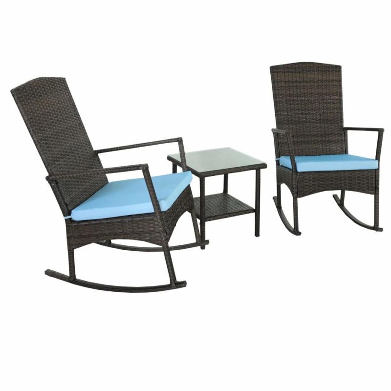 Rattaner Outdoor 3 Piece Wicker Rocking Chair Set Patio Bistro Set Conversation Furniture-2 Rocker Chair and Glass Coffee Side Table-& Blue Cushion