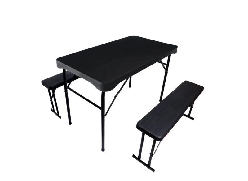 PE Gray Folding Plastic Cafe Table Chair Set/Table+Bench Couple Set/108cm Wooden Surface Table