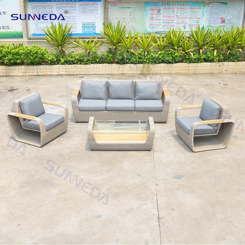 Outdoor Furniture Rattan Garden Furniture Chair Teak Wood Armrest Aluminum Couch Glass Coffee Table Patio Courtyard Lounge Leisure Garden Sofa Sets