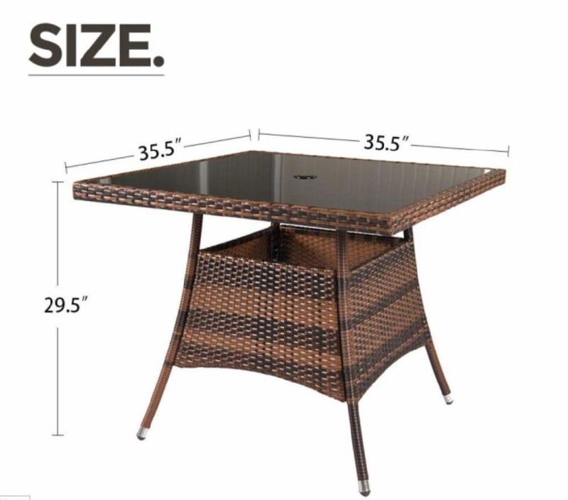 Outdoor Dining Set Brown Wicker Furniture 5-Piece Square Dining Table and Chairs W/Washable Cushions Patio, Backyard, Porch, Garden, Poolside Tempered Glass