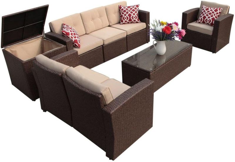 Modern 8 Pieces Extra Large Luxury Outdoor Patio Furniture Set with Side Storage Tables, with Glass Table and Cushions for Garden, Porch, Backyard Wicker Rattan